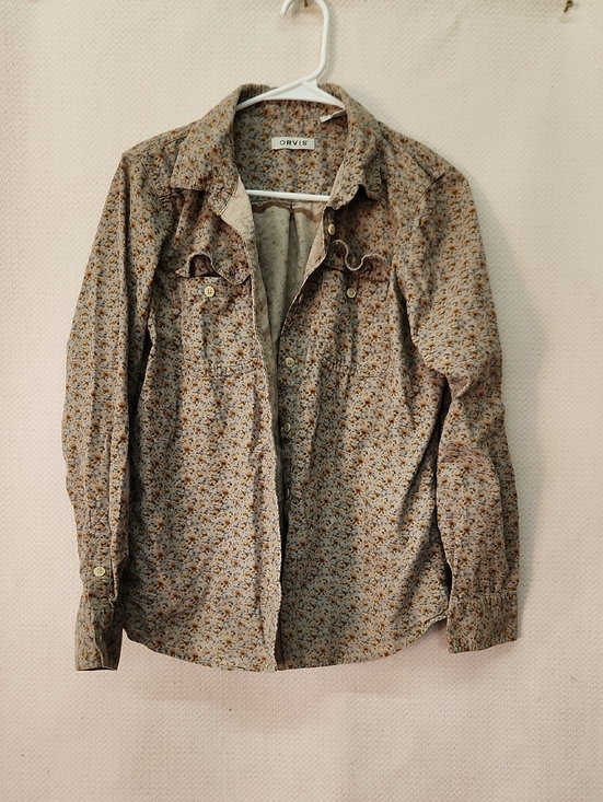 Orvis Tops - Orvis Taupe Floral Button-Up with Mustard Accents